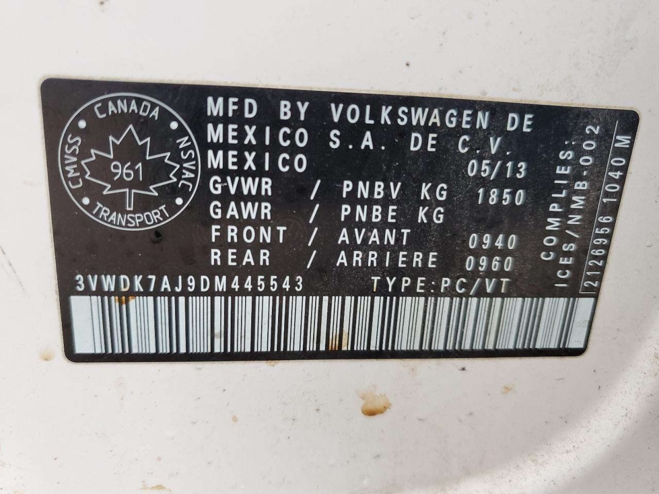 3VWDK7AJ9DM445543 2013 Volkswagen Jetta Se