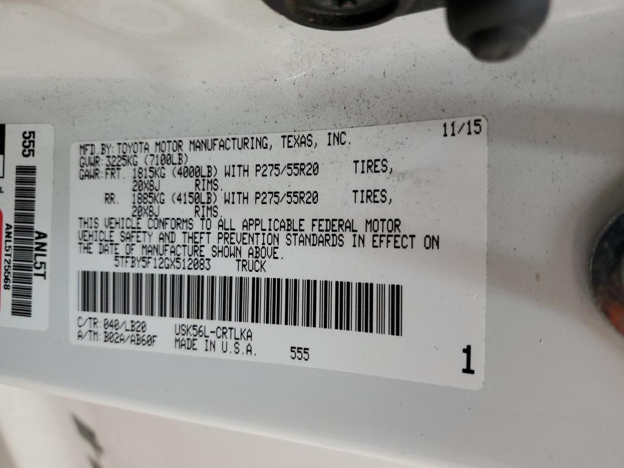 5TFBY5F12GX512083 TOYOTA TUNDRA 2016