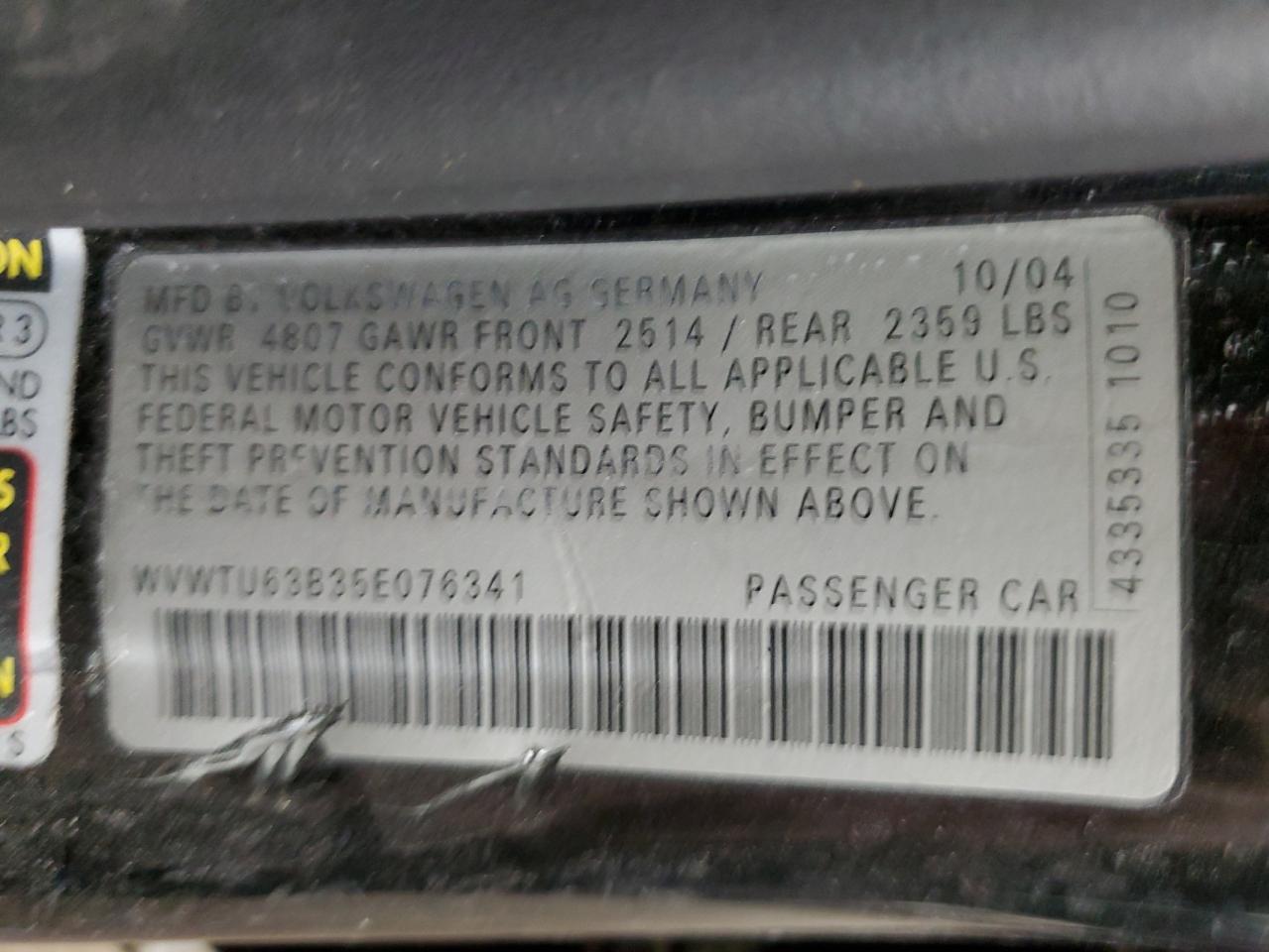 WVWTU63B35E076341 2005 Volkswagen Passat Glx 4Motion