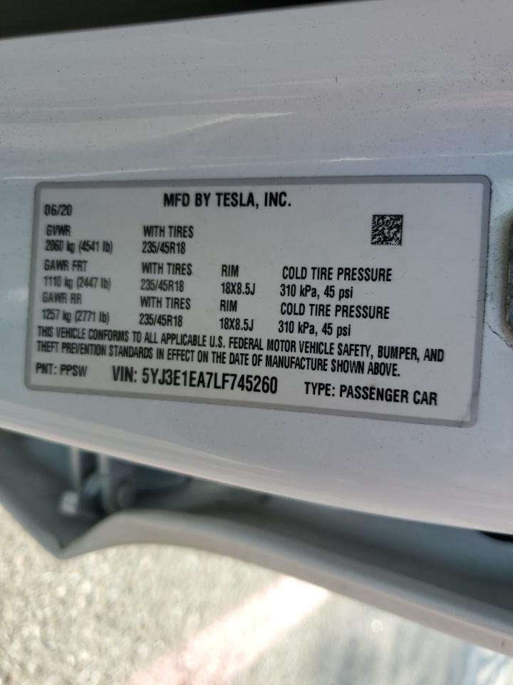 5YJ3E1EA7LF745260 TESLA MODEL 3 2020