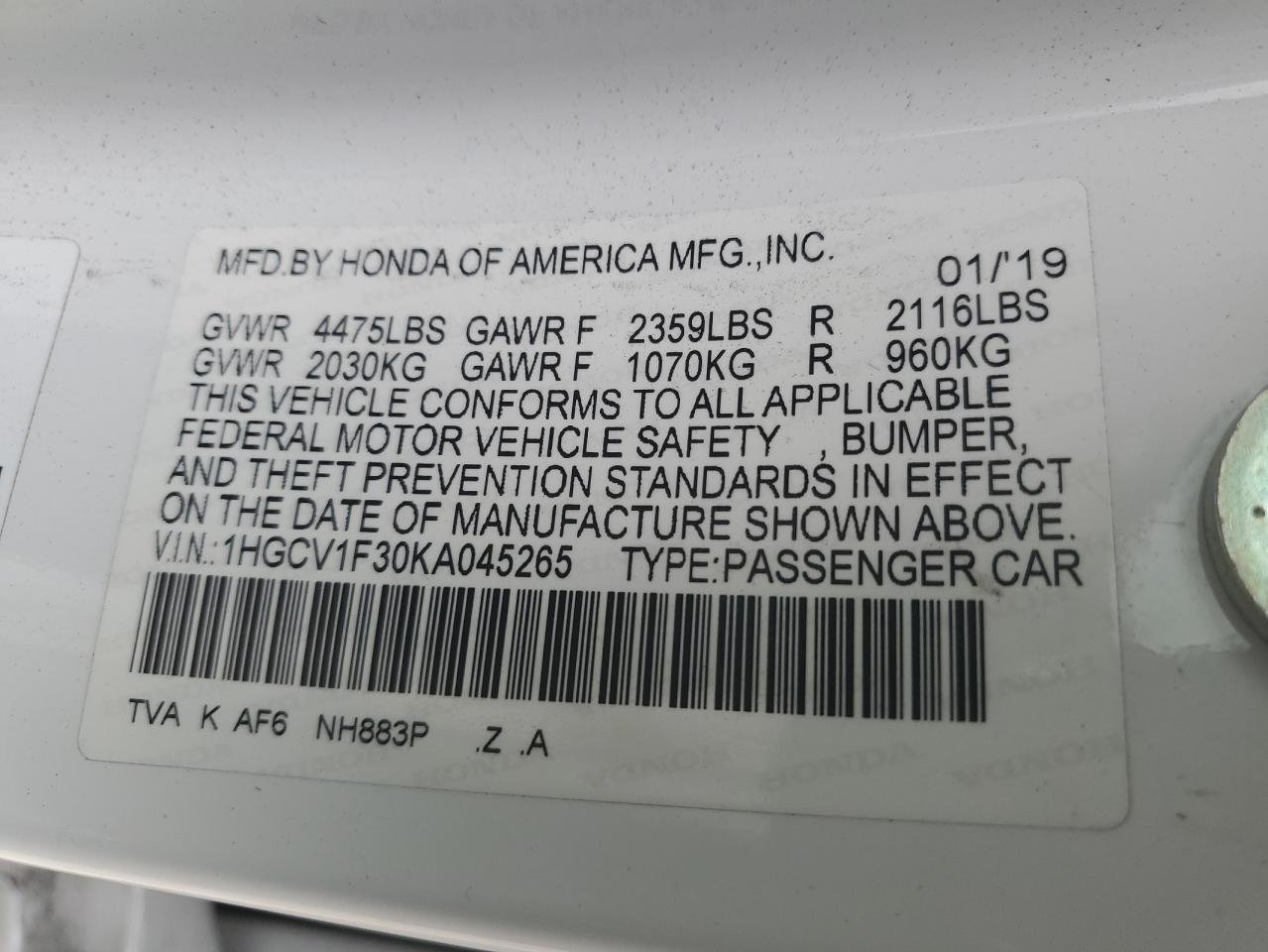 1HGCV1F30KA045265 HONDA ACCORD 2019