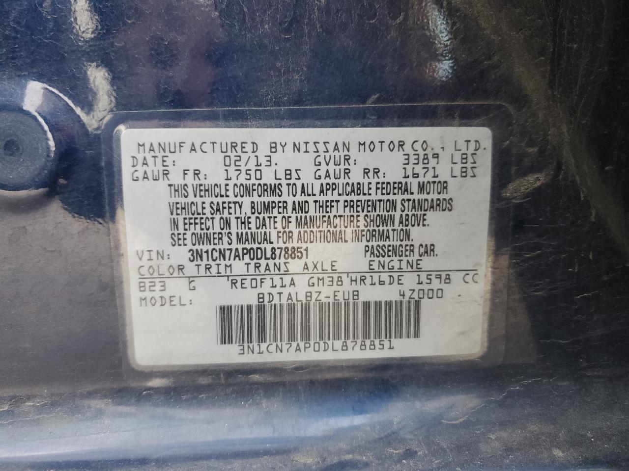 3N1CN7AP0DL878851 2013 Nissan Versa S