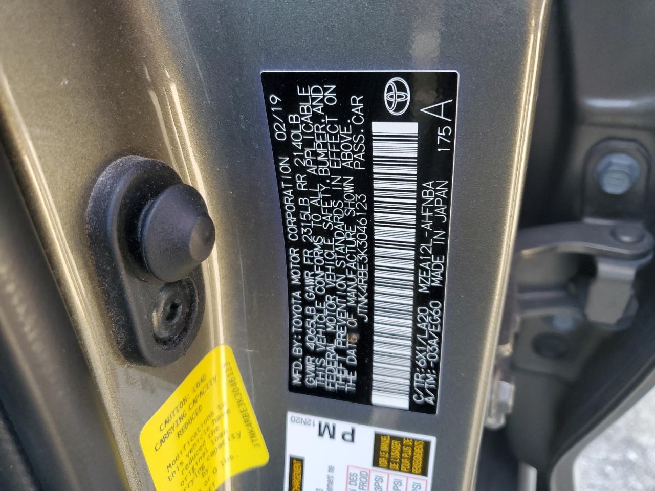 JTNK4RBE3K3046123 TOYOTA COROLLA 2019