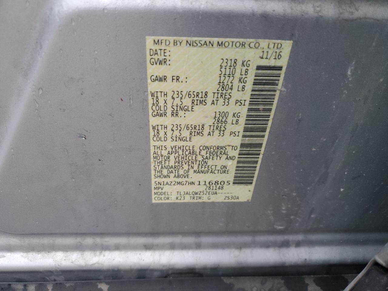 5N1AZ2MG7HN116805 NISSAN MURANO 2017