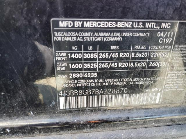 Lot #2414358317 2011 MERCEDES-BENZ ML 350 4MA salvage car