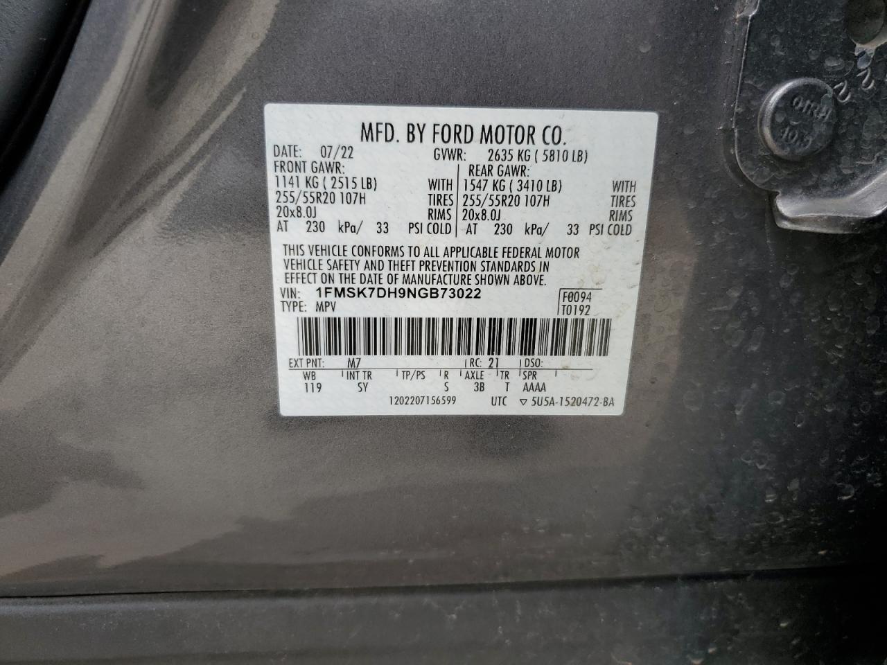 1FMSK7DH9NGB73022 FORD EXPLORER 2022