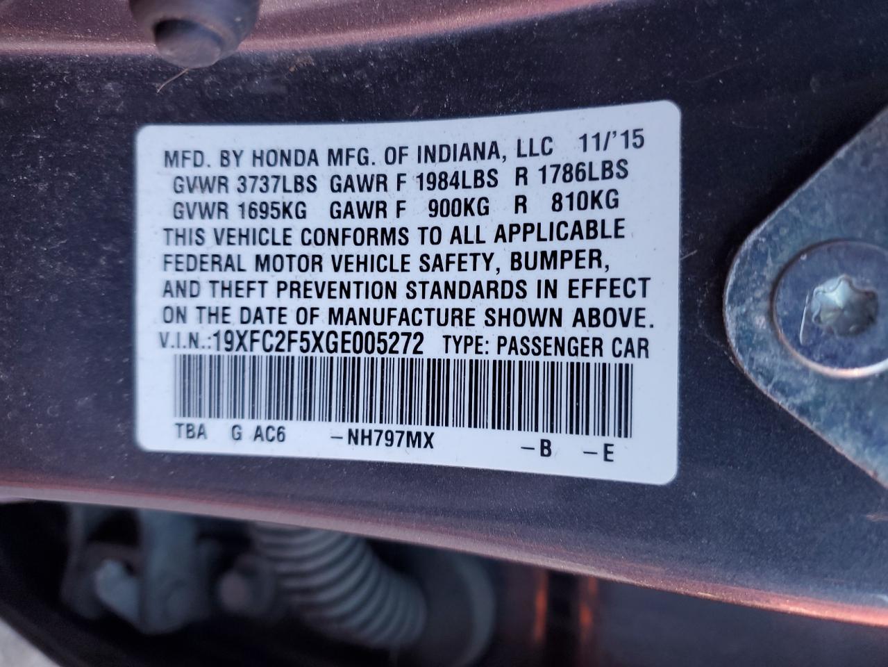 19XFC2F5XGE005272 HONDA CIVIC 2016