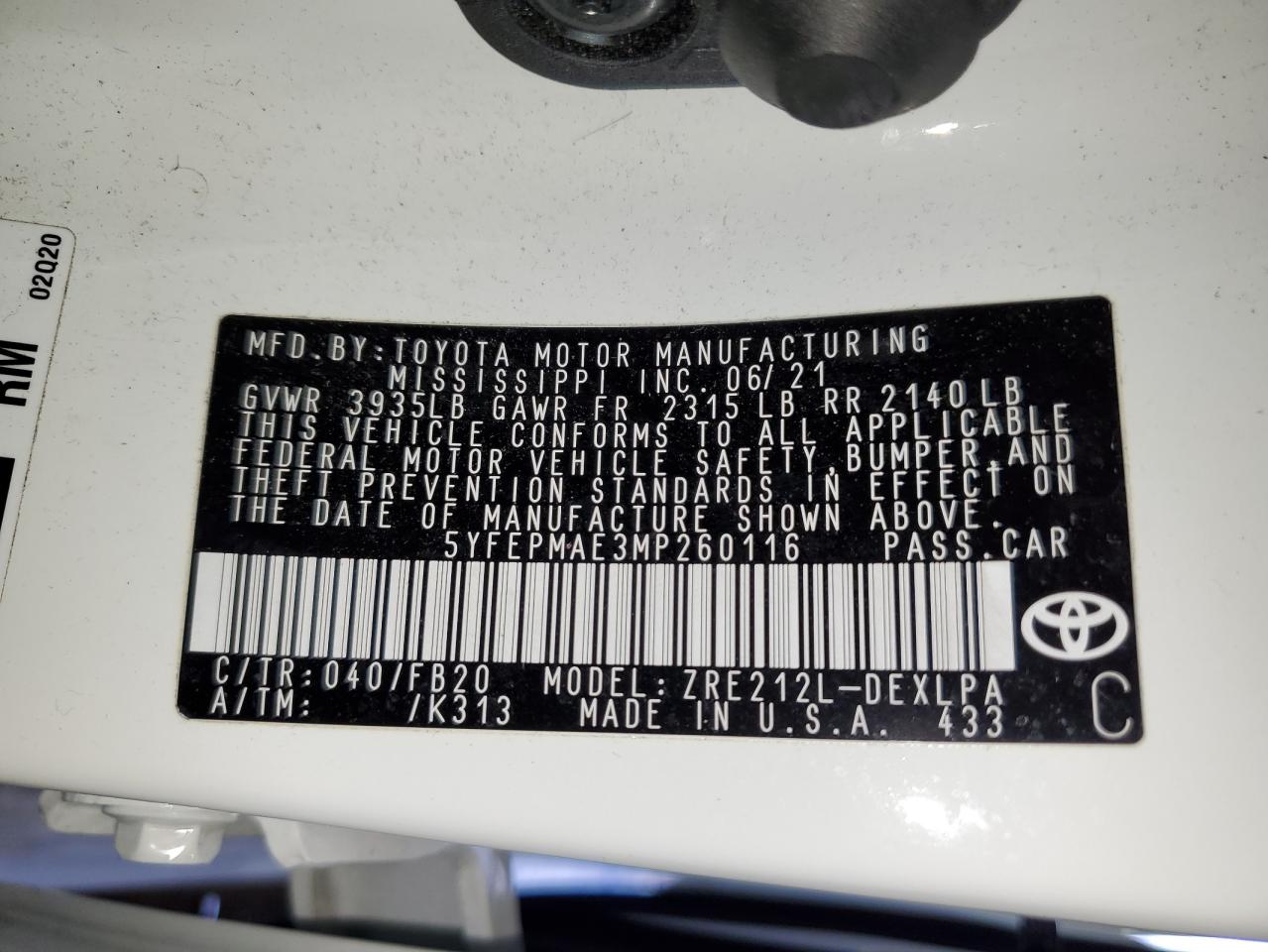 5YFEPMAE3MP260116 TOYOTA COROLLA 2021