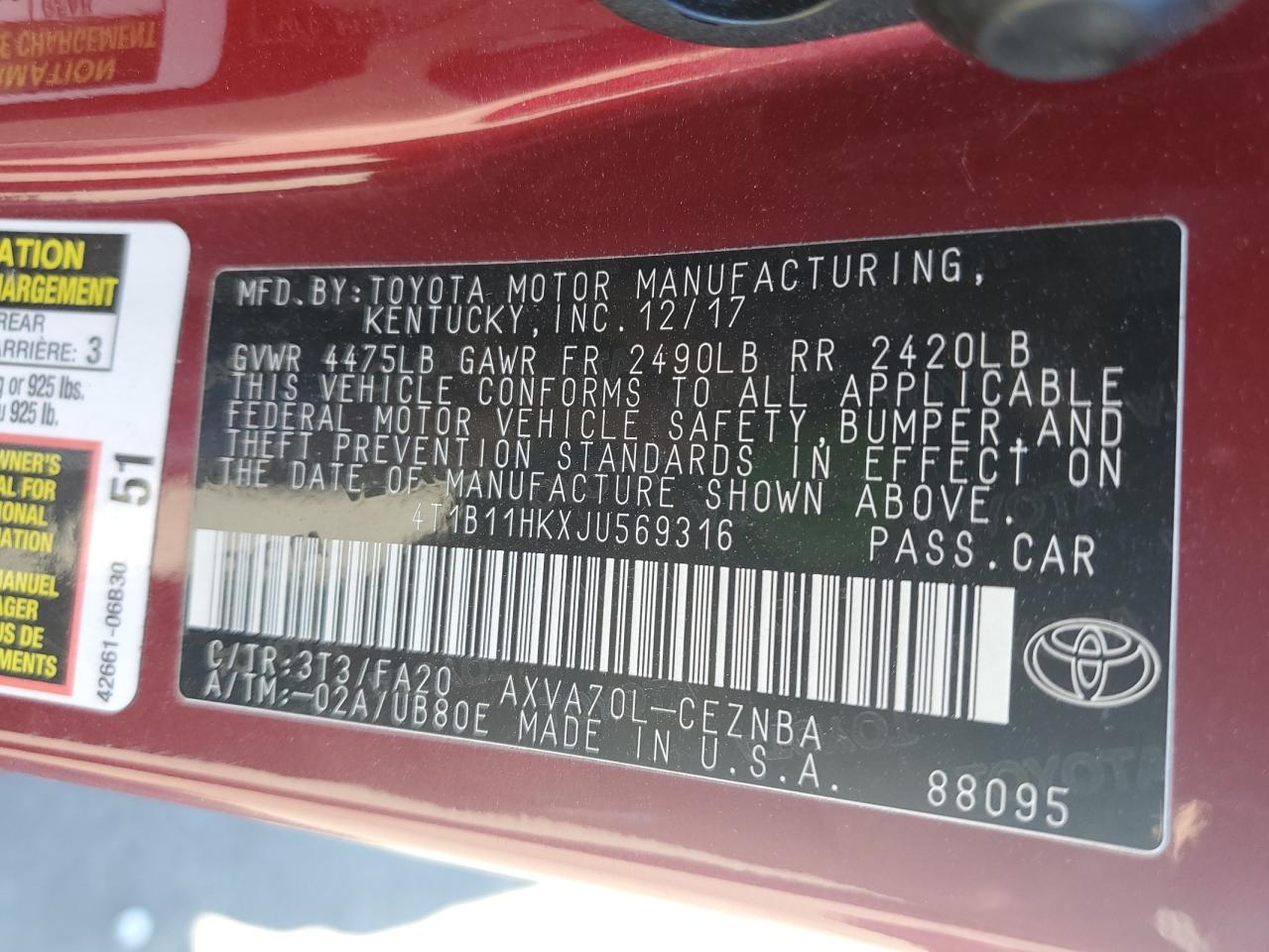 4T1B11HKXJU569316 TOYOTA CAMRY 2018