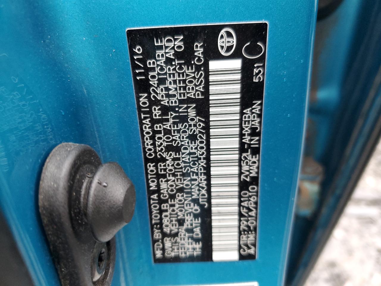 JTDKARFPXH3002797 TOYOTA PRIUS 2017