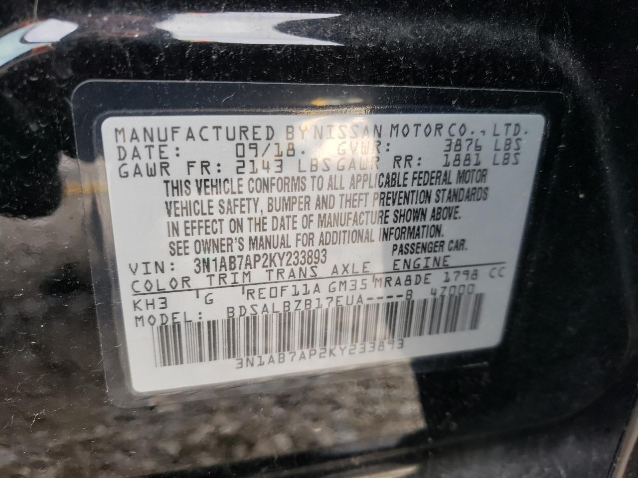 3N1AB7AP2KY233893 NISSAN SENTRA 2019