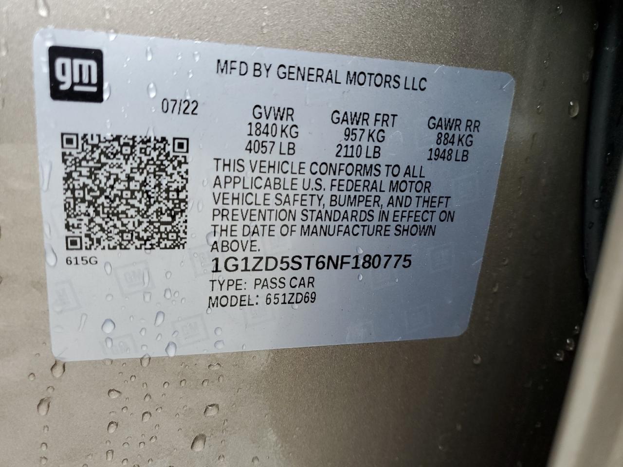 1G1ZD5ST6NF180775 CHEVROLET MALIBU 2022