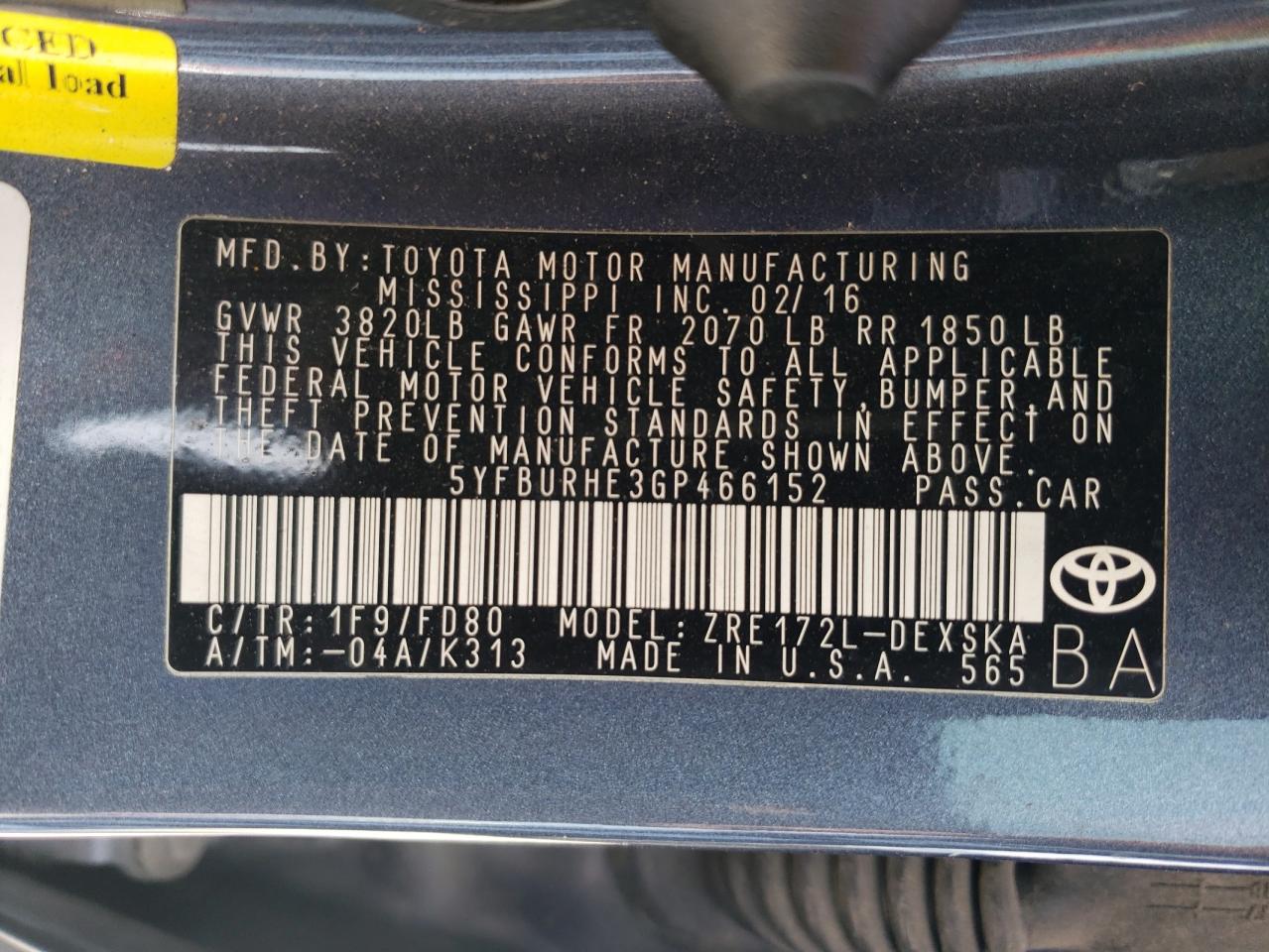 5YFBURHE3GP466152 TOYOTA COROLLA 2016