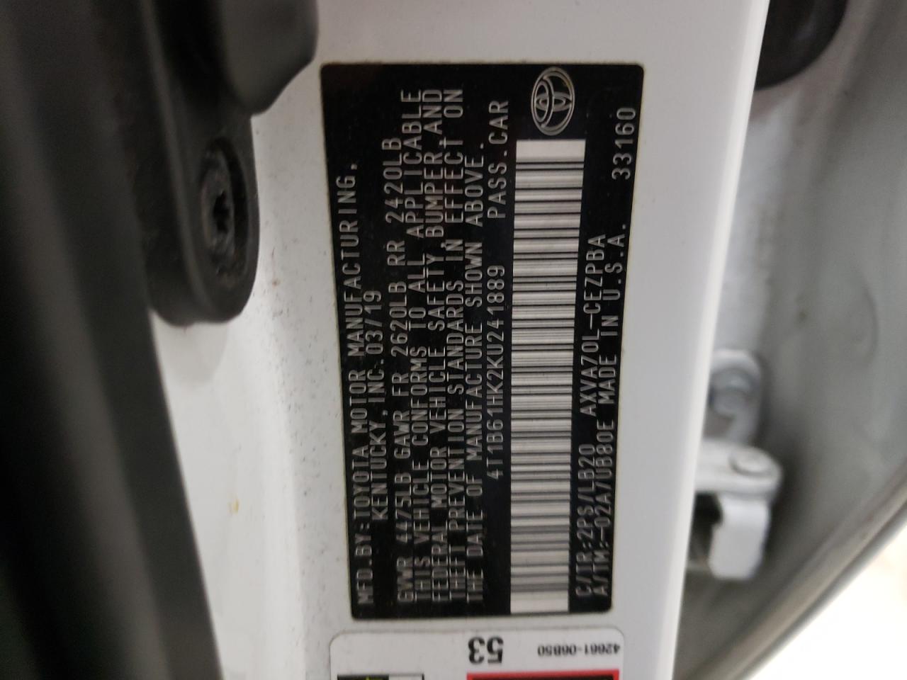 4T1B61HK2KU241889 TOYOTA CAMRY 2019
