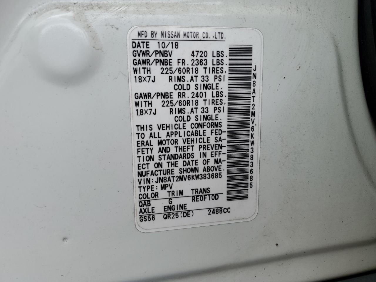 JN8AT2MV6KW383685 NISSAN ROGUE 2019
