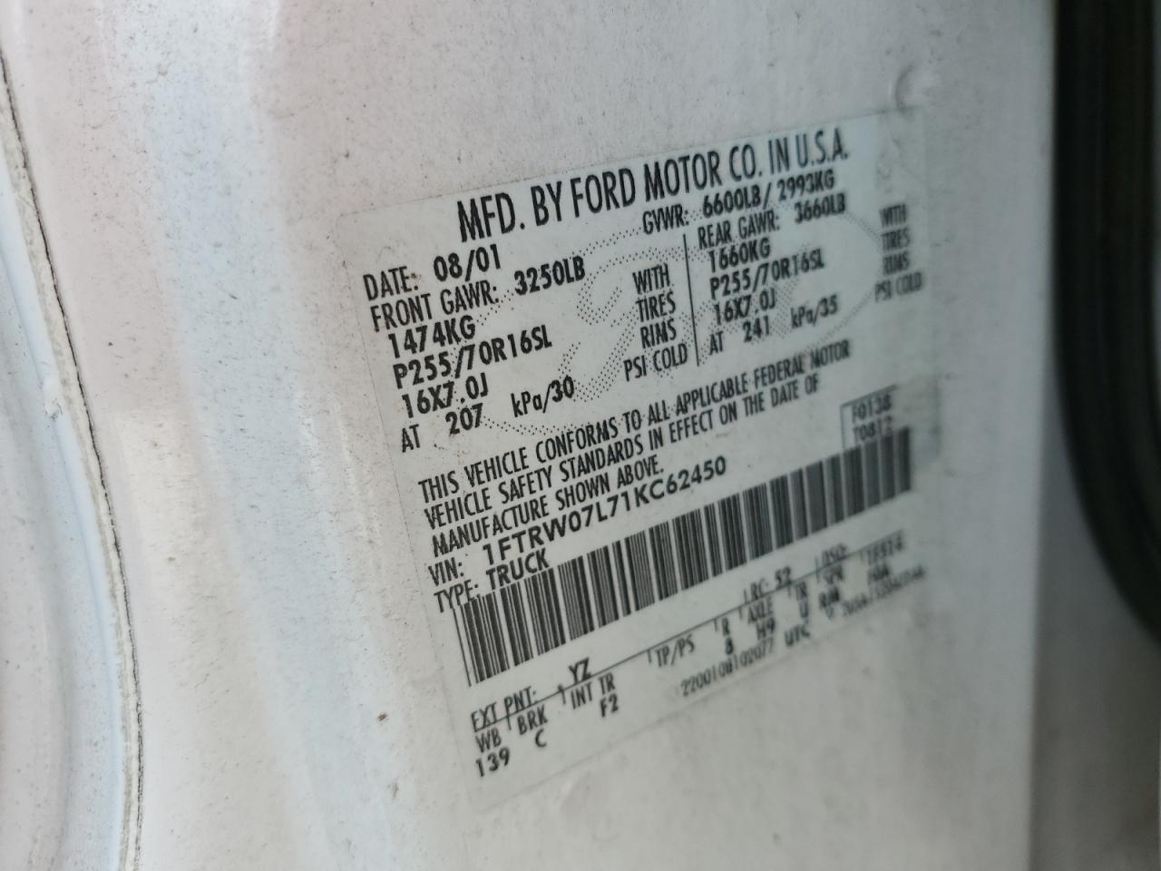 1FTRW07L71KC62450 2001 Ford F150 Supercrew