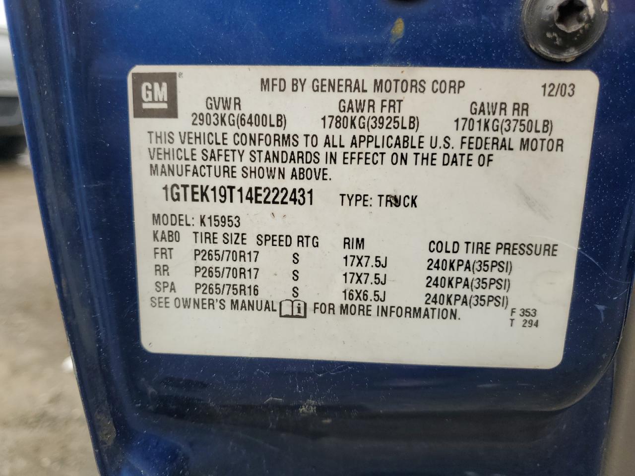 1GTEK19T14E222431 2004 GMC New Sierra K1500