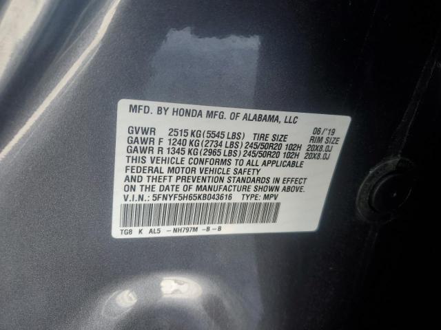 2019 HONDA PILOT TOUR - 5FNYF5H65KB043616