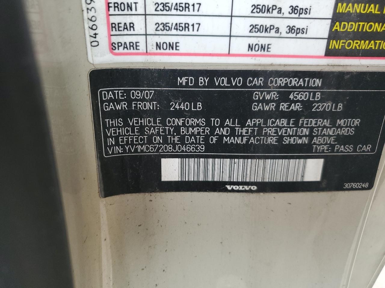 yv1mc67208j046639 YV1MC67208J046639 2008 Volvo C70 T5
