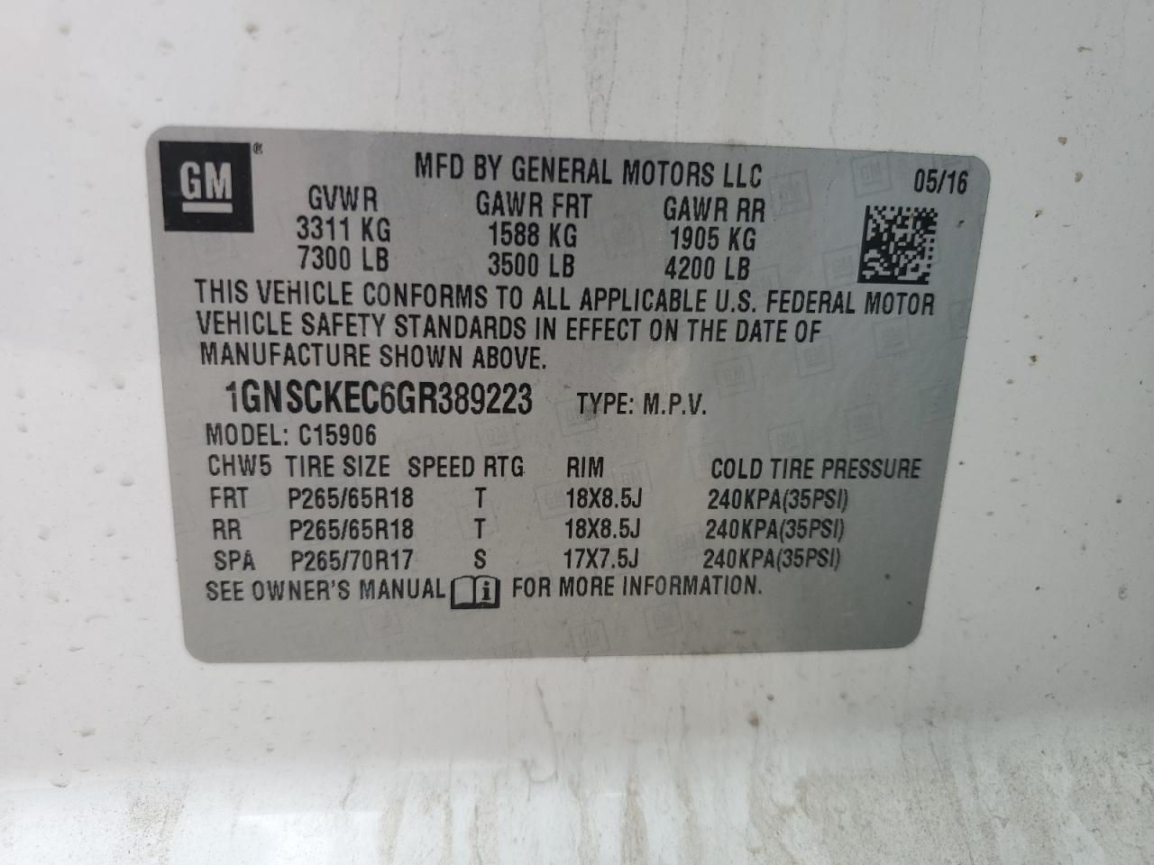 1GNSCKEC6GR389223 2016 Chevrolet Suburban C1500