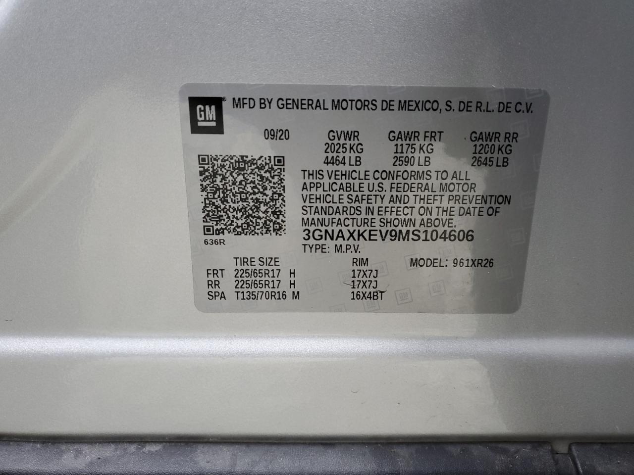 3GNAXKEV9MS104606 CHEVROLET EQUINOX 2021