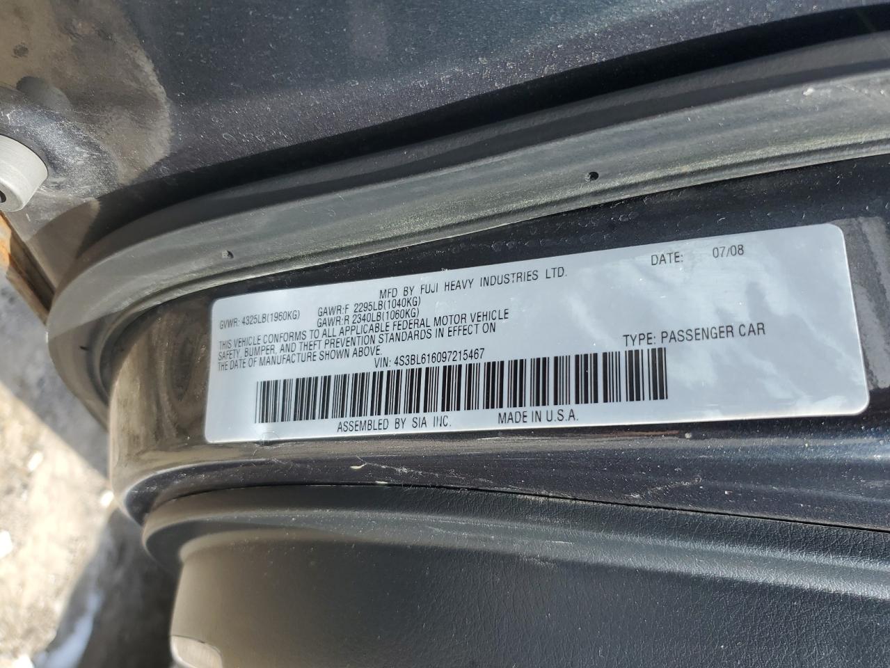4S3BL616097215467 2009 Subaru Legacy 2.5I