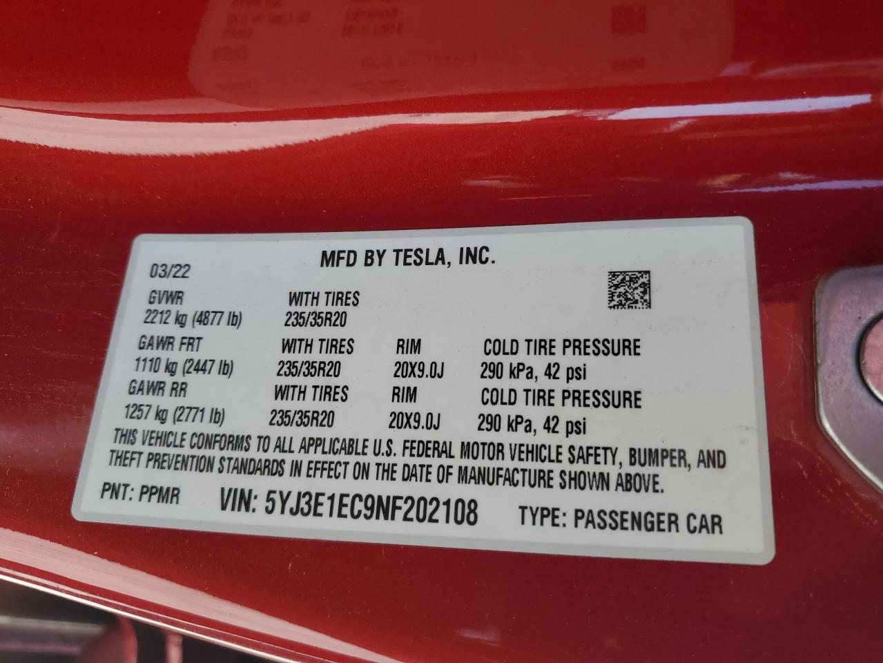 5YJ3E1EC9NF202108 2022 Tesla Model 3