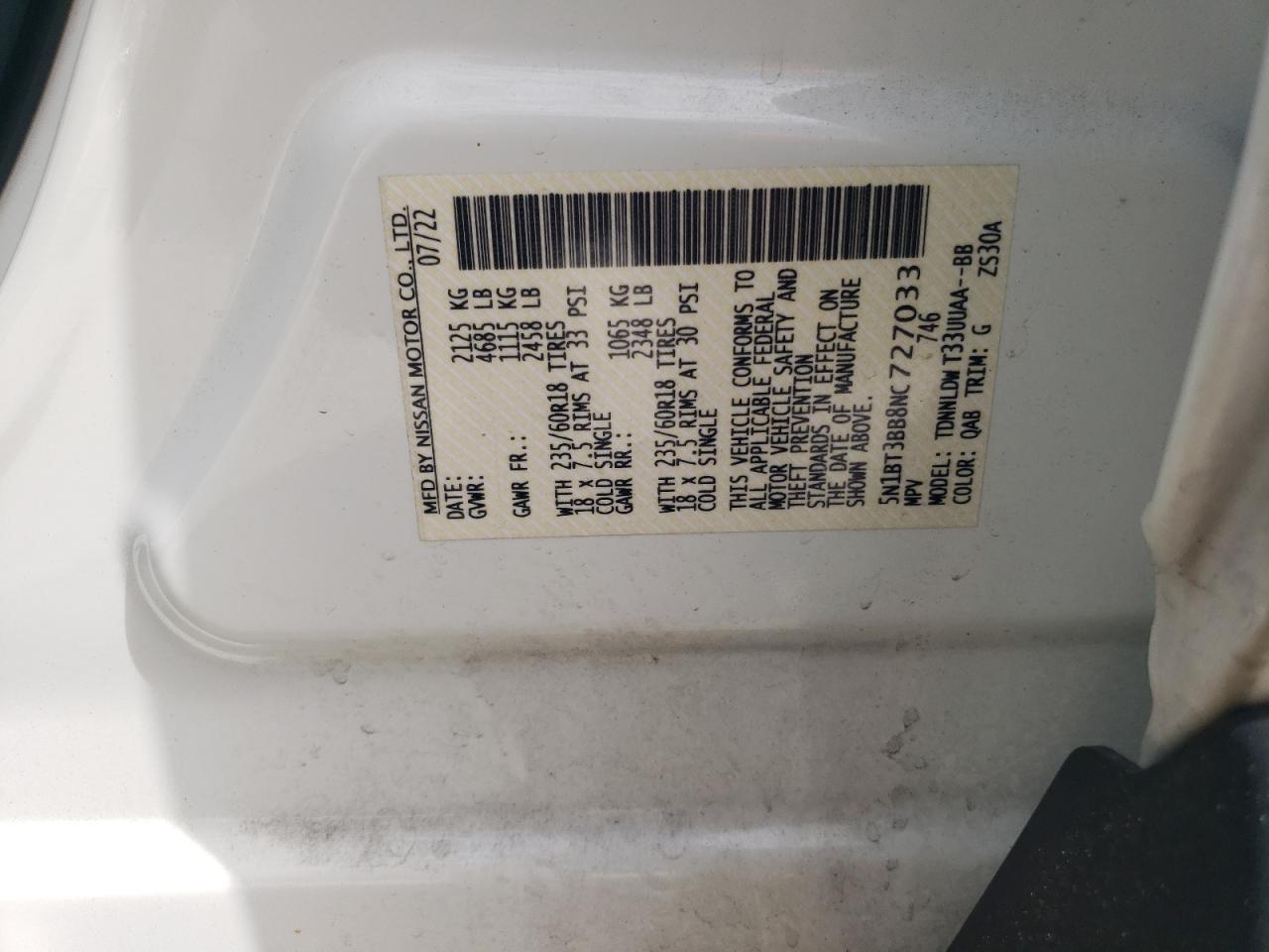 5N1BT3BB8NC727033 NISSAN ROGUE 2022
