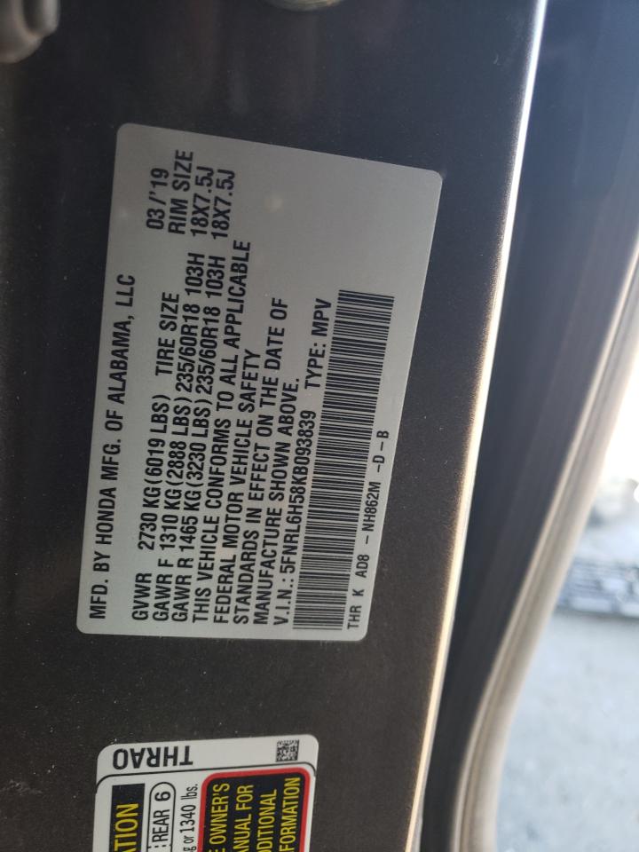 5FNRL6H58KB093839 2019 Honda Odyssey Ex