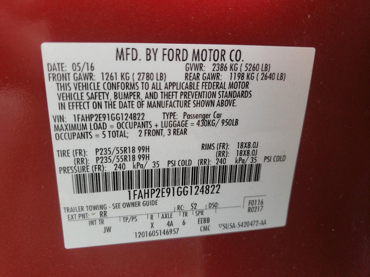 1FAHP2E91GG124822 FORD TAURUS 2016