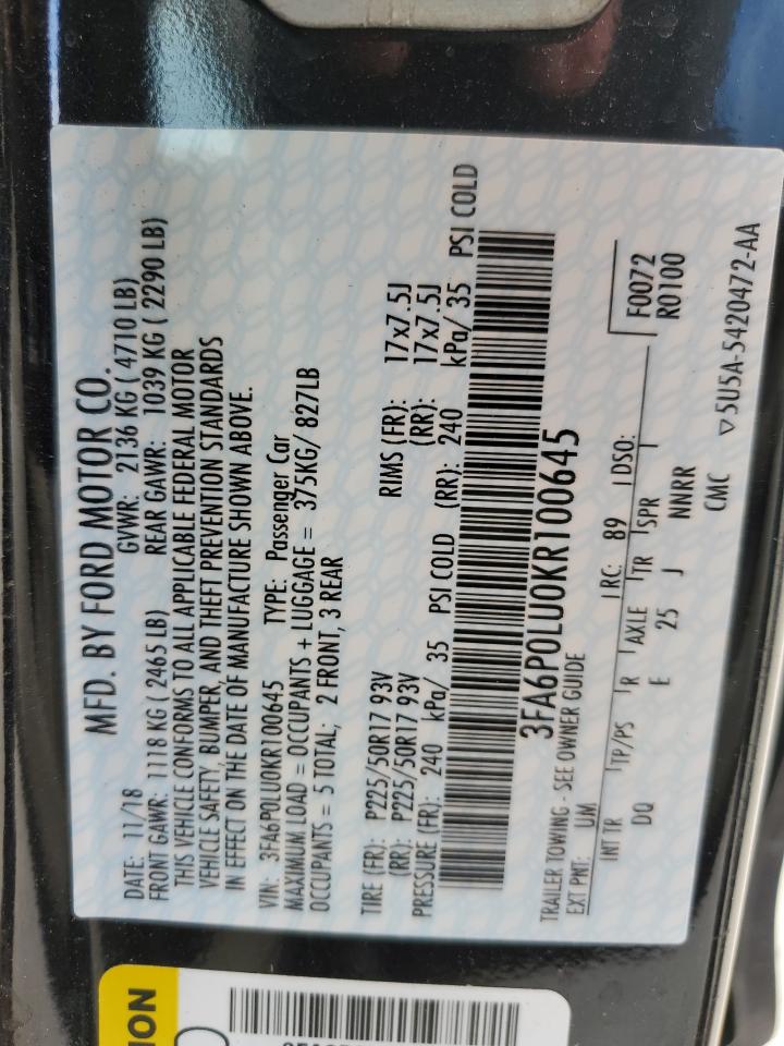 3FA6P0LU0KR100645 FORD FUSION 2019