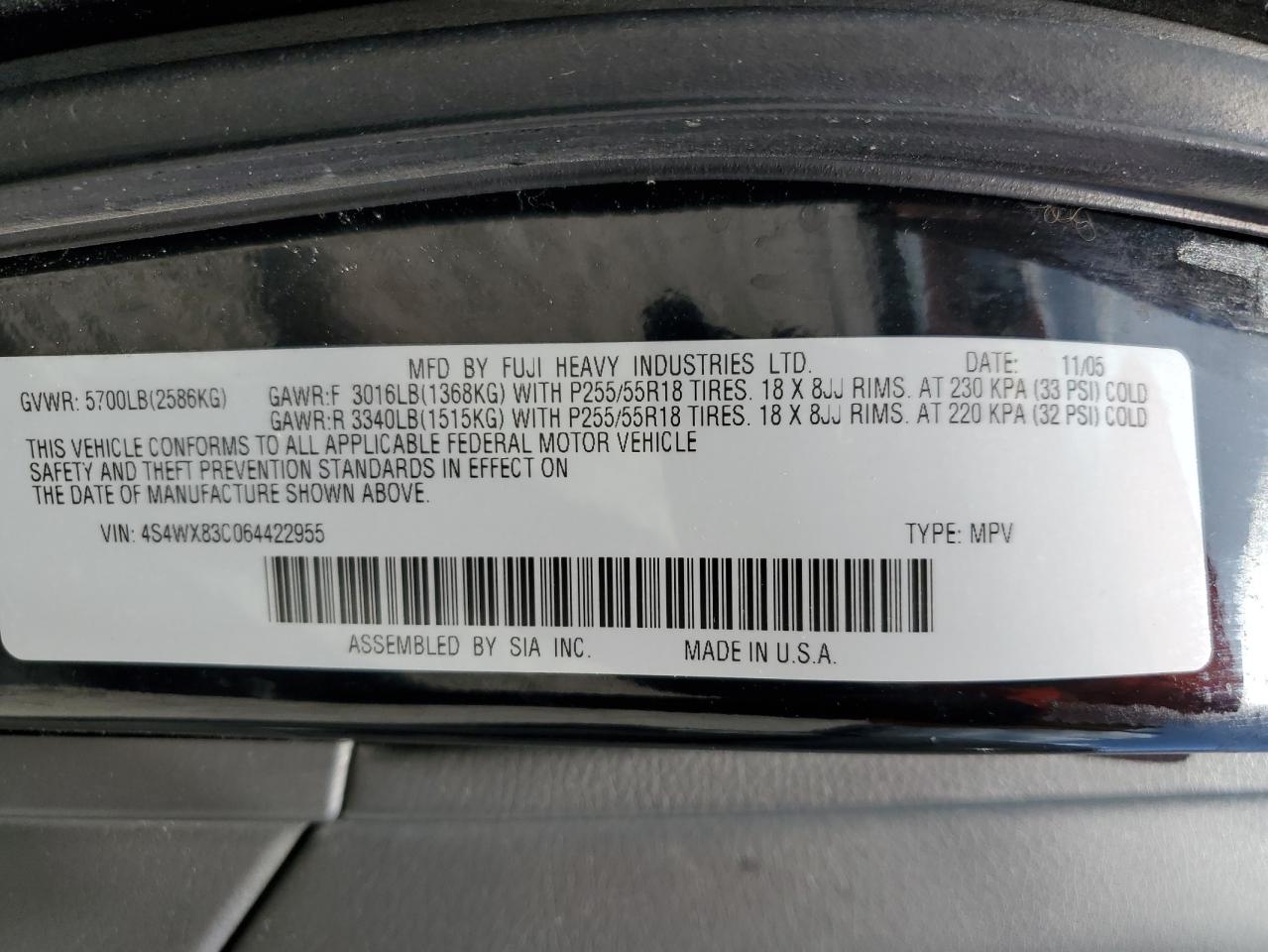 4S4WX83C064422955 2006 Subaru B9 Tribeca 3.0 H6