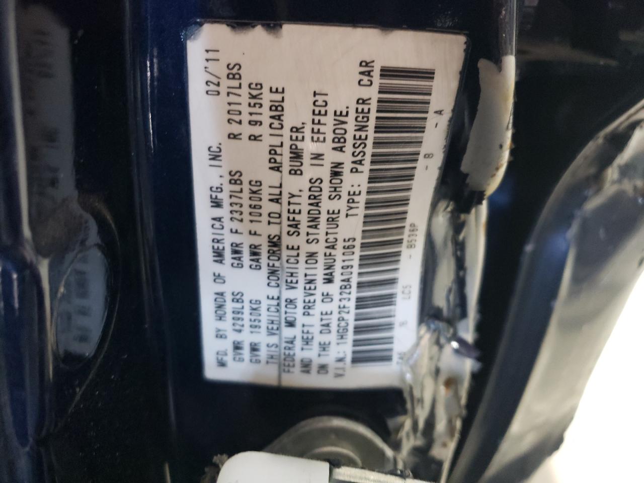 1HGCP2F32BA091065 2011 Honda Accord Lx