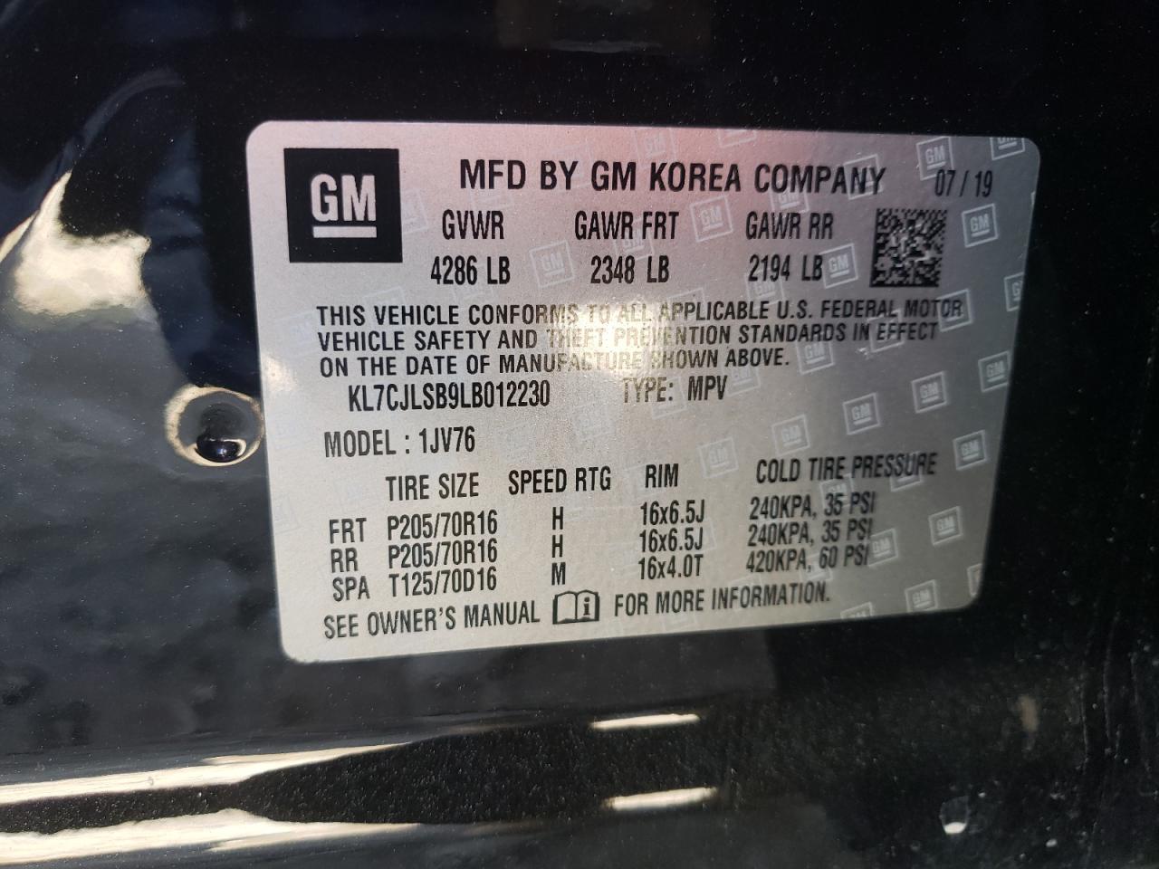 KL7CJLSB9LB012230 CHEVROLET TRAX 2020