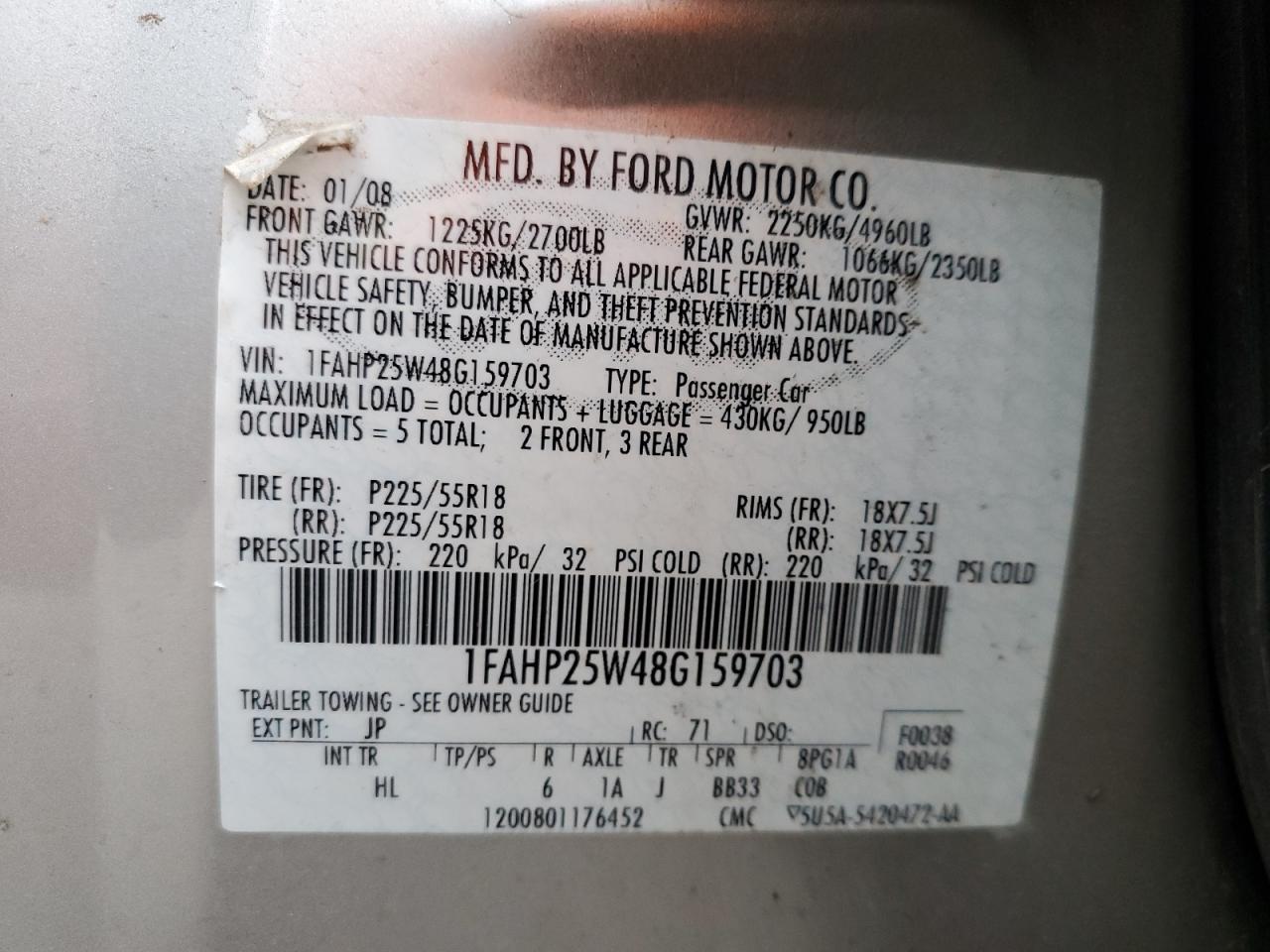 1FAHP25W48G159703 2008 Ford Taurus Limited