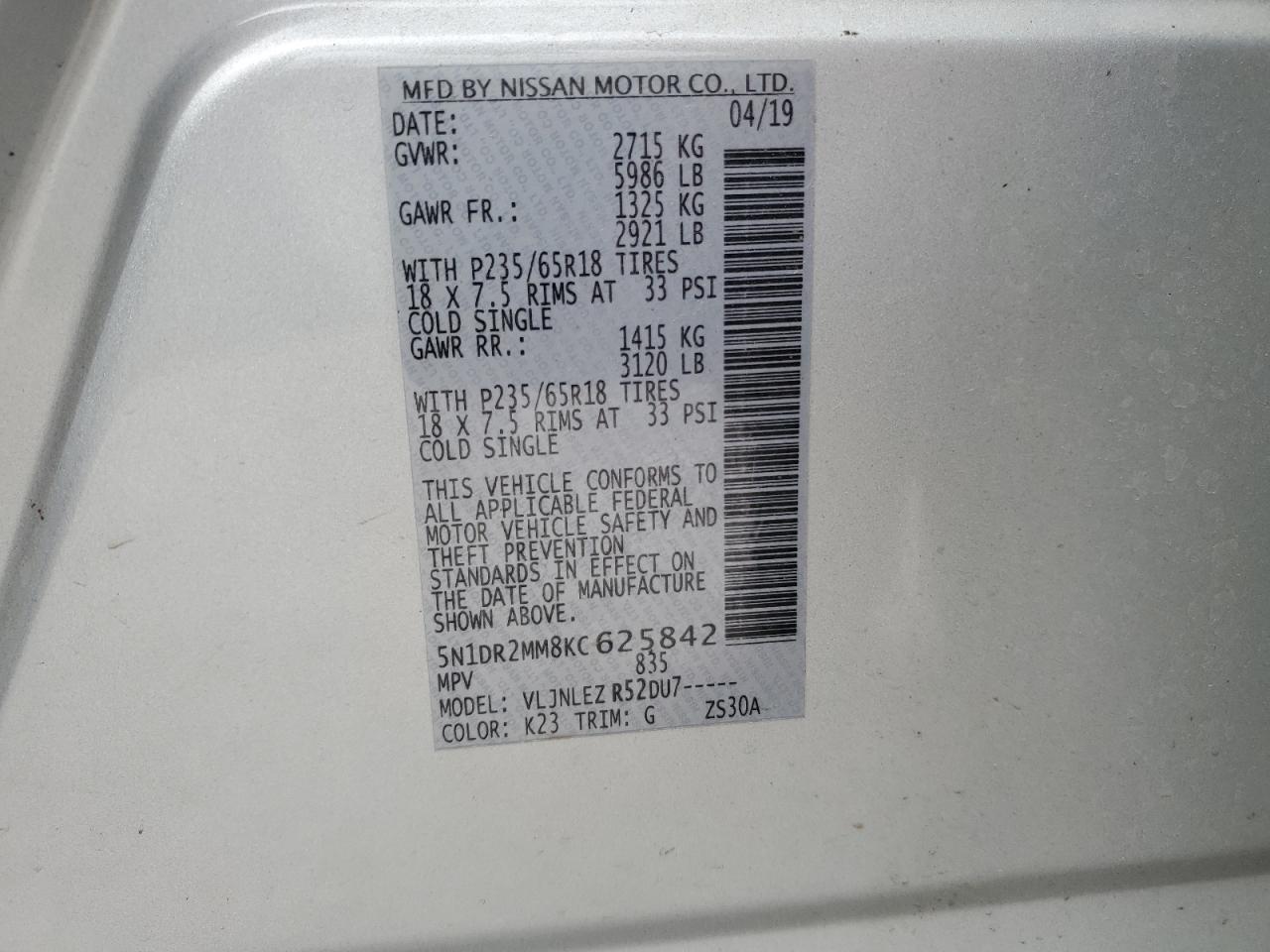 5N1DR2MM8KC625842 NISSAN PATHFINDER 2019