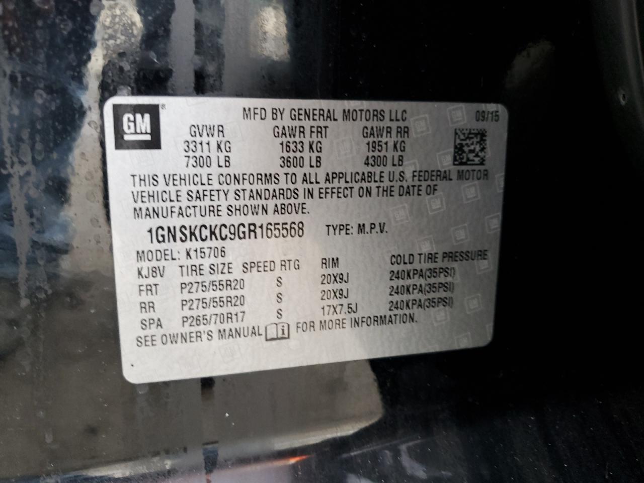 1GNSKCKC9GR165568 CHEVROLET TAHOE 2016
