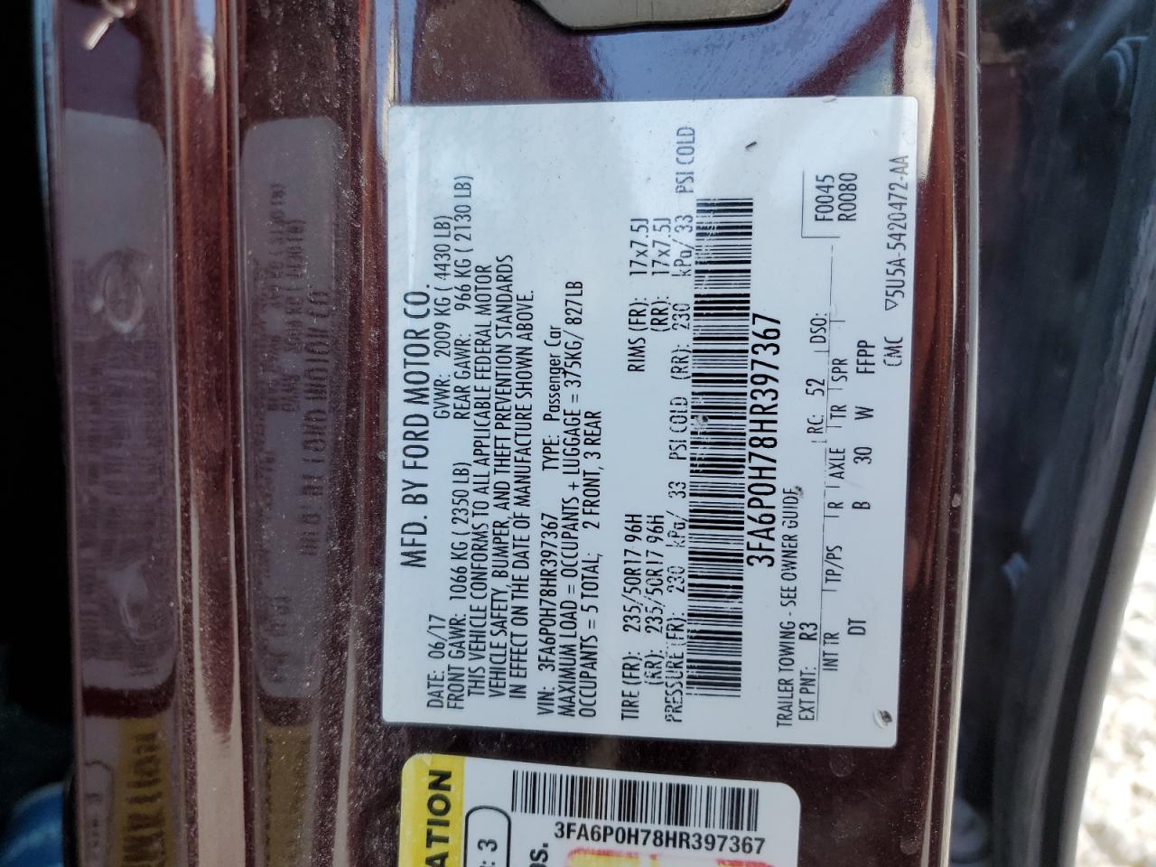 3FA6P0H78HR397367 FORD FUSION 2017