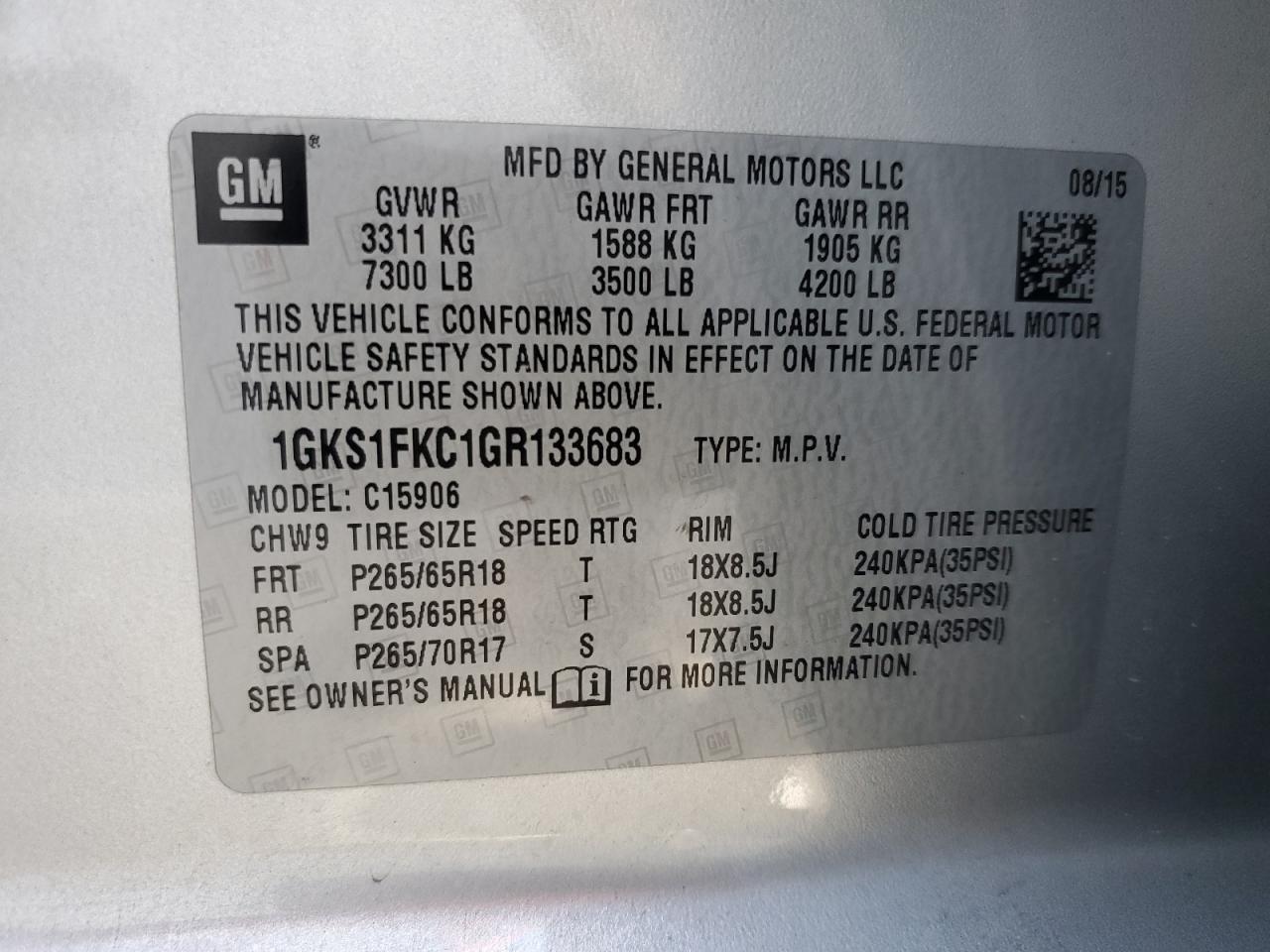 1GKS1FKC1GR133683 2016 GMC Yukon Xl C1500 Sle