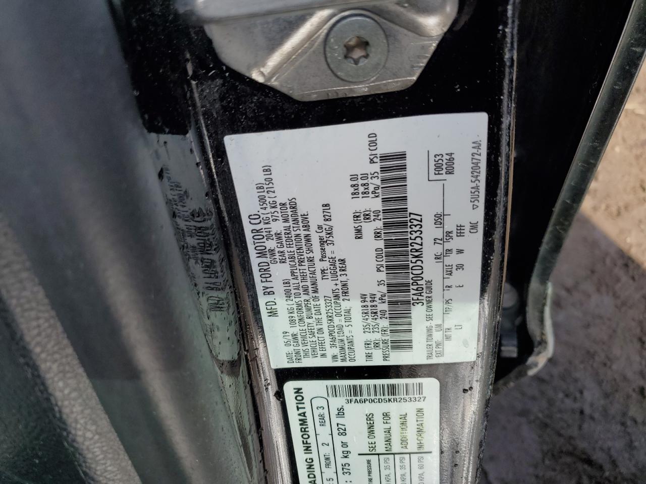 3FA6P0CD5KR253327 2019 Ford Fusion Sel