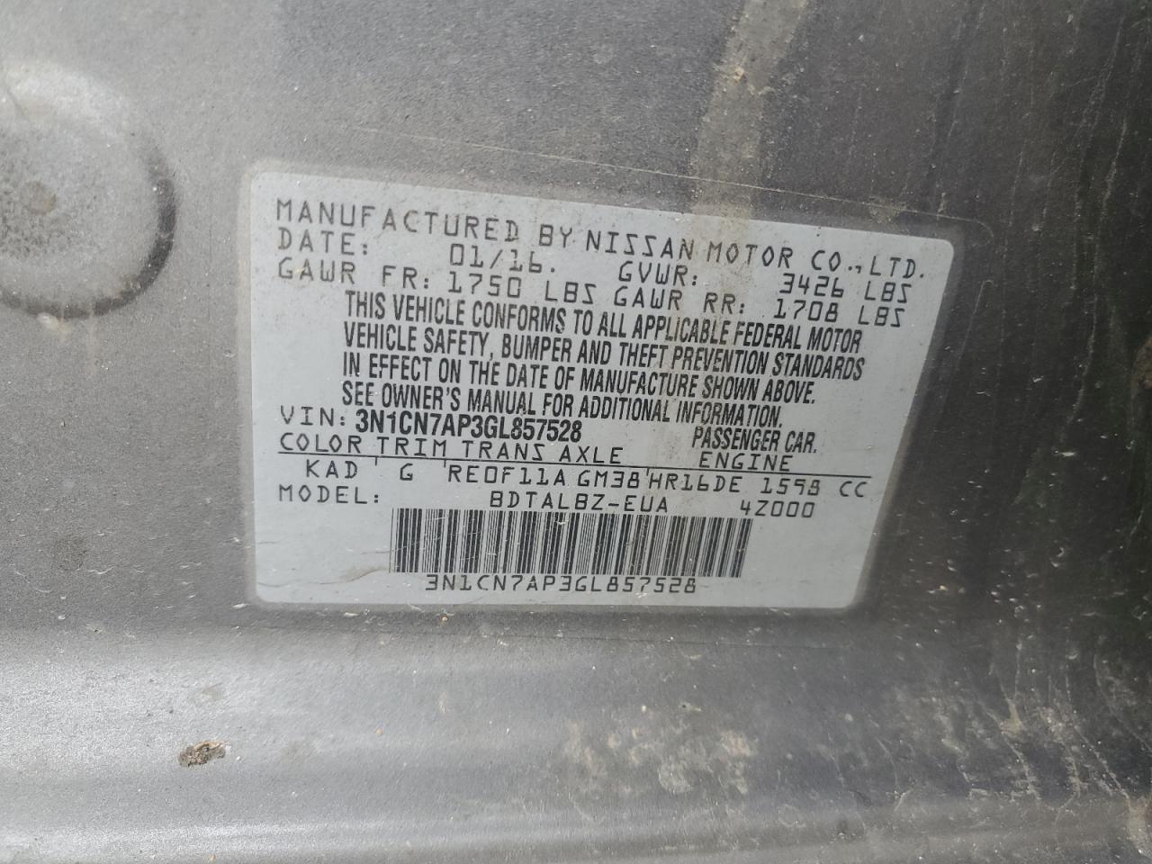 3N1CN7AP3GL857528 NISSAN VERSA 2016