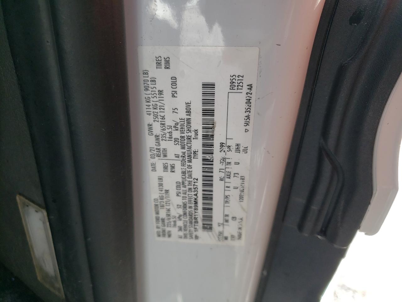 1FTBR1Y89MKA35712 FORD TRANSIT 2021
