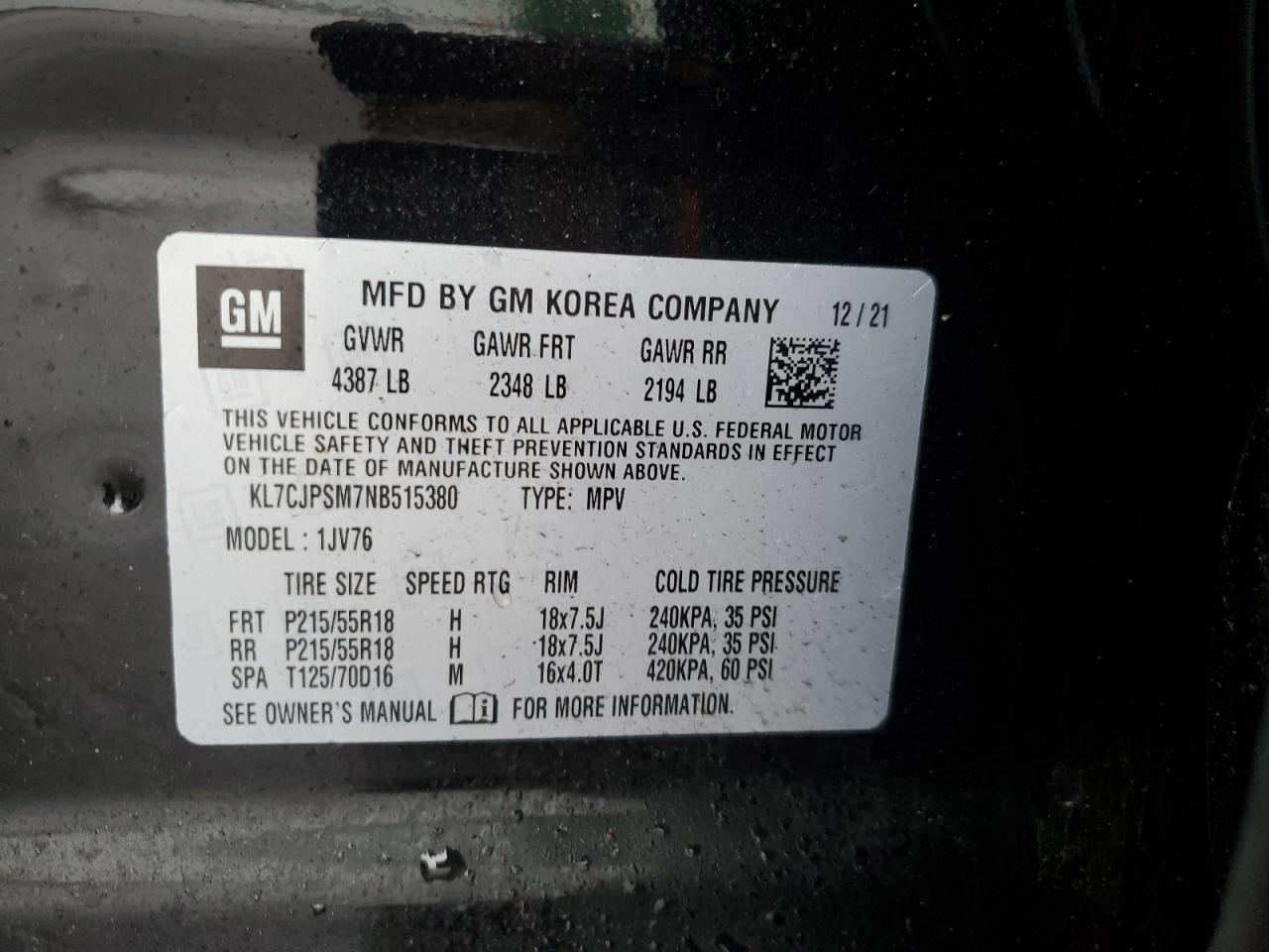 KL7CJPSM7NB515380 CHEVROLET TRAX 2022