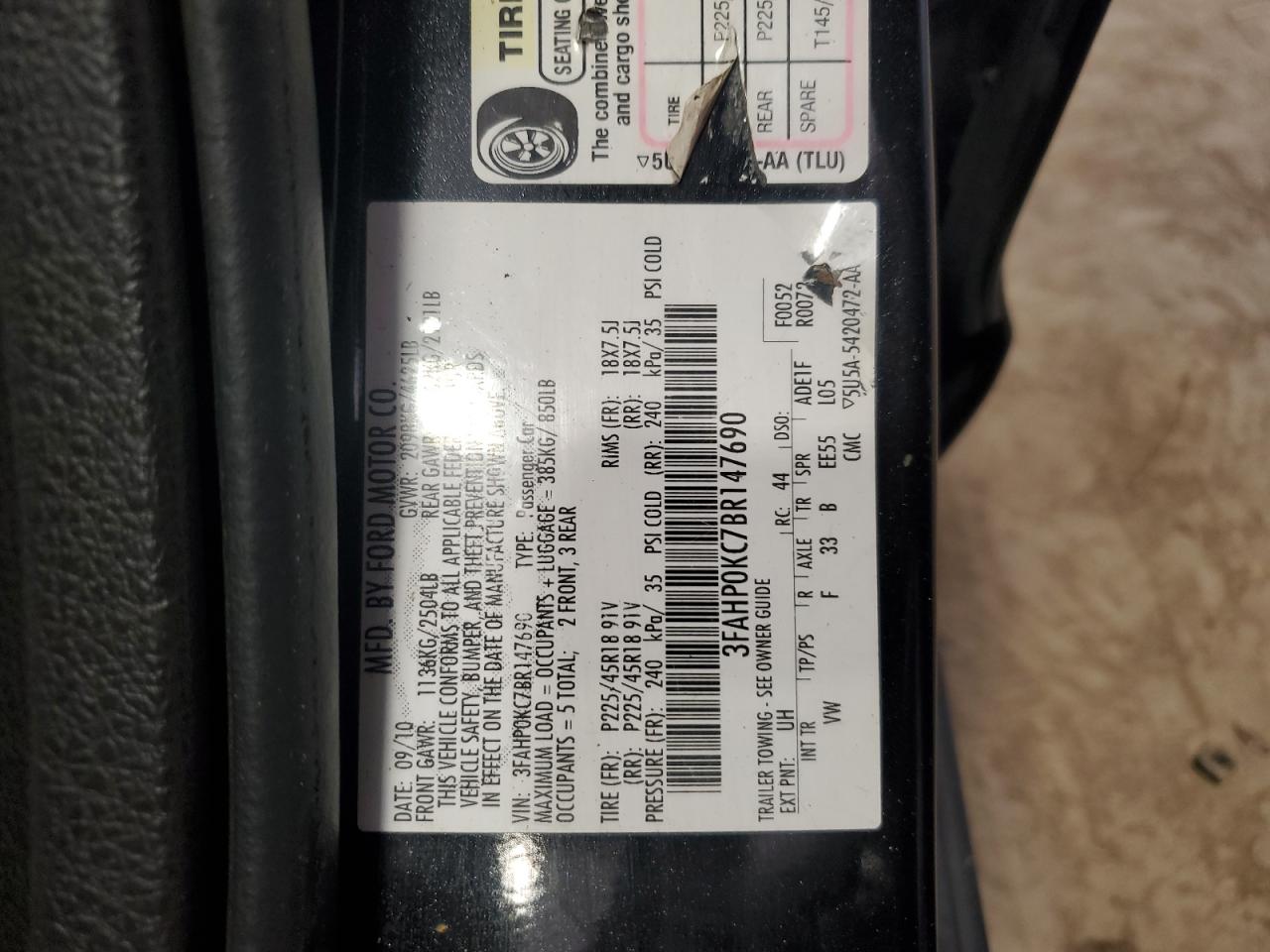 3FAHP0KC7BR147690 2011 Ford Fusion Sport