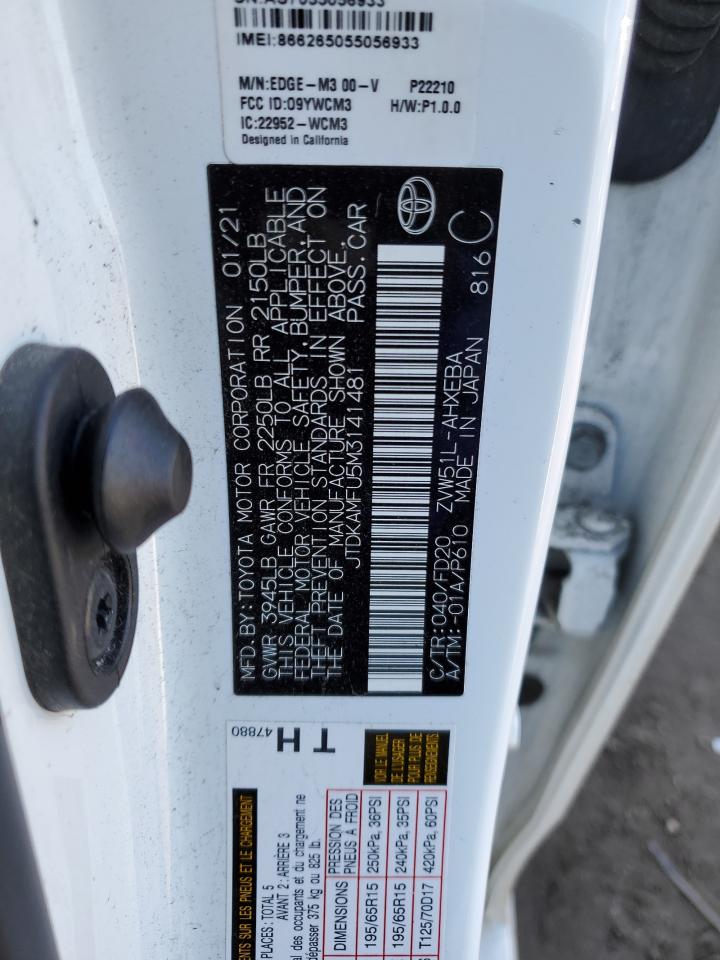 JTDKAMFU5M3141481 TOYOTA PRIUS 2021