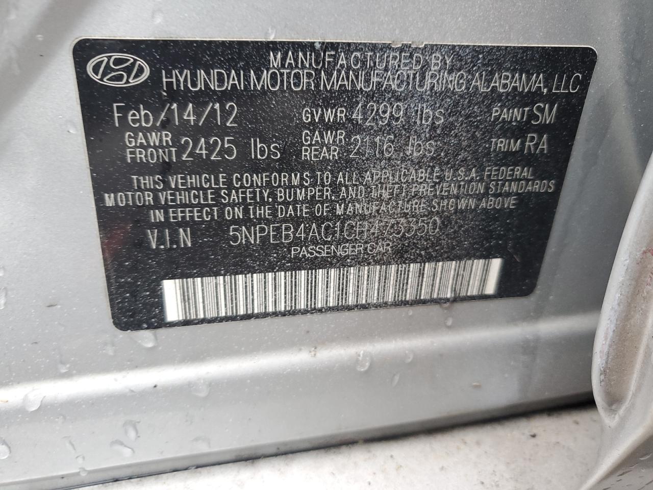 5NPEB4AC1CH473350 2012 Hyundai Sonata Gls