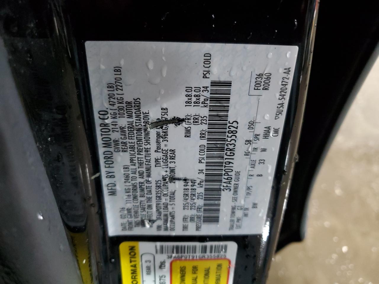 3FA6P0T91GR355825 FORD FUSION 2016