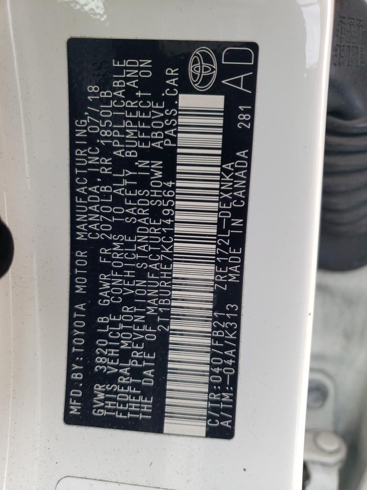 2T1BURHE7KC149564 TOYOTA COROLLA 2019
