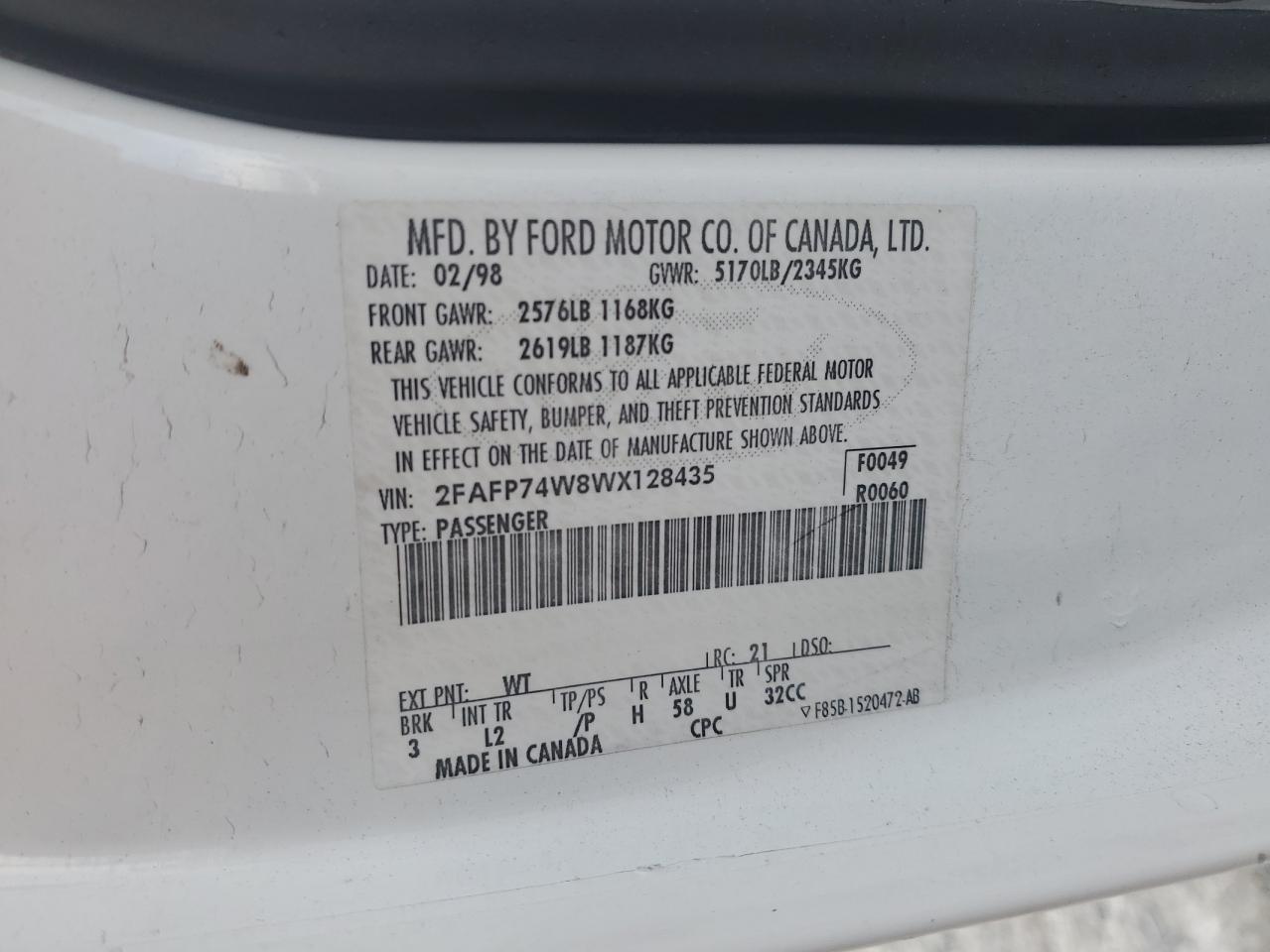 2FAFP74W8WX128435 1998 Ford Crown Victoria Lx