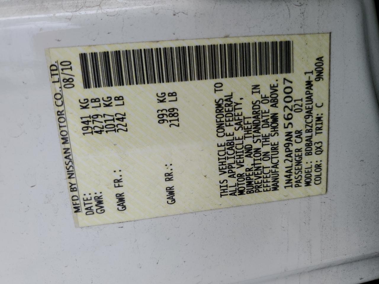 1N4AL2AP9AN562007 2010 Nissan Altima Base